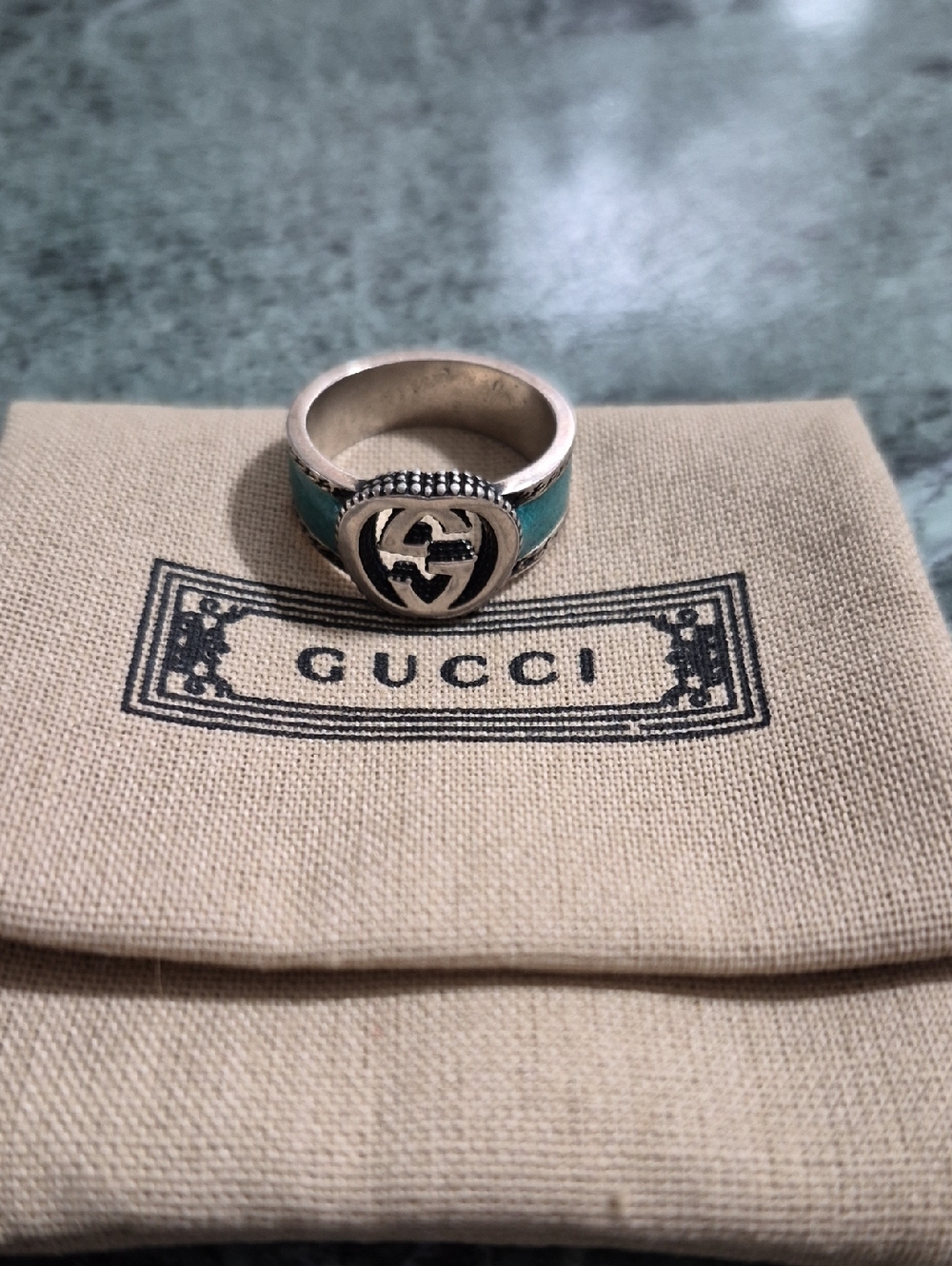 Sterling Silver Gucci Silver and Turquoise Enamel GG Signet Ring